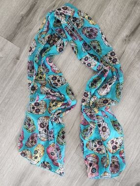 Chic Y2K Skull Print Gauze Scarf Teal & Black